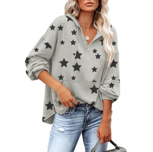 Ženska majica dugih rukava sa polu patentnim zatvaračem, majica sa zvjezdanim printom, majice s džepovima
