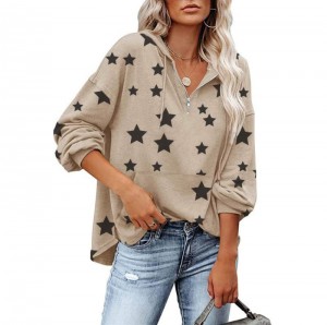 महिलाओं की लंबी आस्तीन वाली हाफ ज़िप स्वेटशर्ट स्टार प्रिंट स्वेटर टॉप जेब के साथ