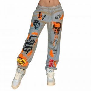Женски печатени панталони за џогер со еластичен појас, графички хип-хоп лабави спортски панталони со џебови
