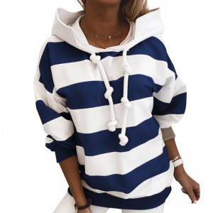 Cov poj niam Striped Hoodies Tops Ntev Tes Tsho Casual Drawstring Pullover Sweatshirt