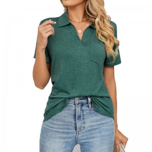 Vehivavy V-neck Polo Shirts Short Sleeve Collared Tops Loose Casual Tunic Blouses with Pocket