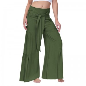 Pantalones palazzo de verano para mujer, pantalones plisados ​​de cintura alta, pantalones anchos con cinturón ahumado, pantalones casuales