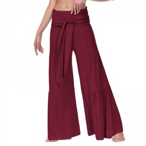 Pantalones palazzo de verano para mujer, pantalones plisados ​​de cintura alta, pantalones anchos con cinturón ahumado, pantalones casuales
