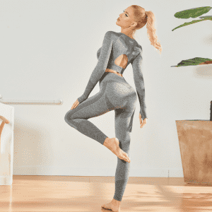 Wanita 2pcs Set Yoga Lancar Sut Sukan Pakaian Gim Pakaian Latihan Lengan Panjang Gym Crop Top Pinggang Tinggi Legging Pakaian Sukan Kecergasan