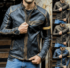 អាវយឺតបុរសម៉ូតូថ្មី Causal Vintage Leather Jacket Coat Men Outfit Fashion Biker Zipper Pocket Design PU Leather Jacket Men