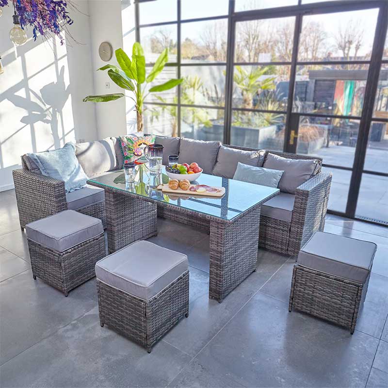 outdoor zware sectionele K / D-stijl L-vormige lange bank met eettafelset van gehard glas