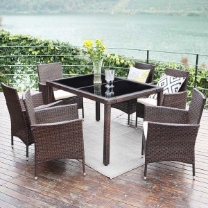 Garden K/D Lange eettafel en 6 stoelen set met 2 meubelen van zwart gehard glas