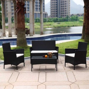Conxunto de cadeiras de sofá K/D de vimbio negro de conversa de patio de estilo clásico para 4 persoas
