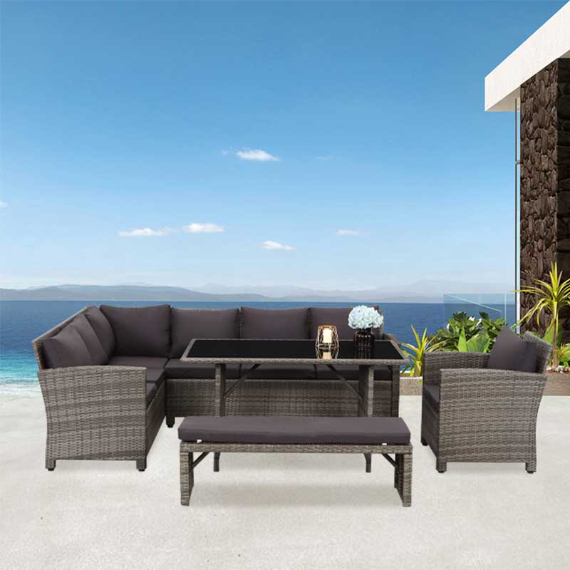 Модульный плетеный комплект садовой мебели K/D из 5 предметов, секционный обеденный диван с глубоким сидением и длинной скамьей