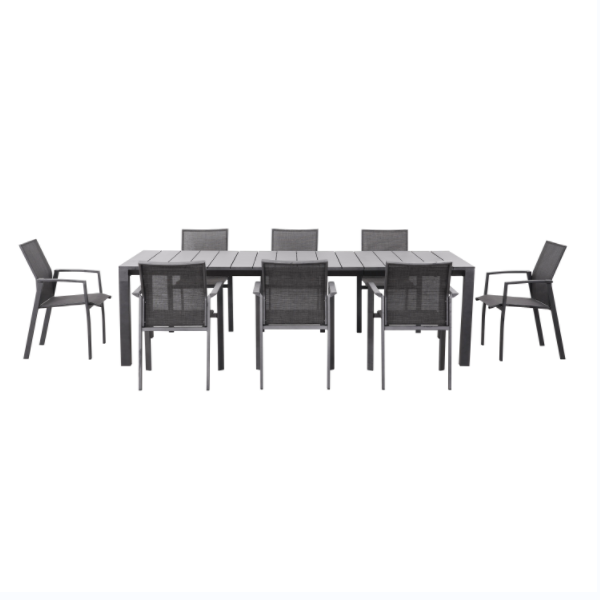 Kaixing Outdoor Rectangular Extendable Long Dining Table and breezy textile sling Chair Set in 6 or 8 People