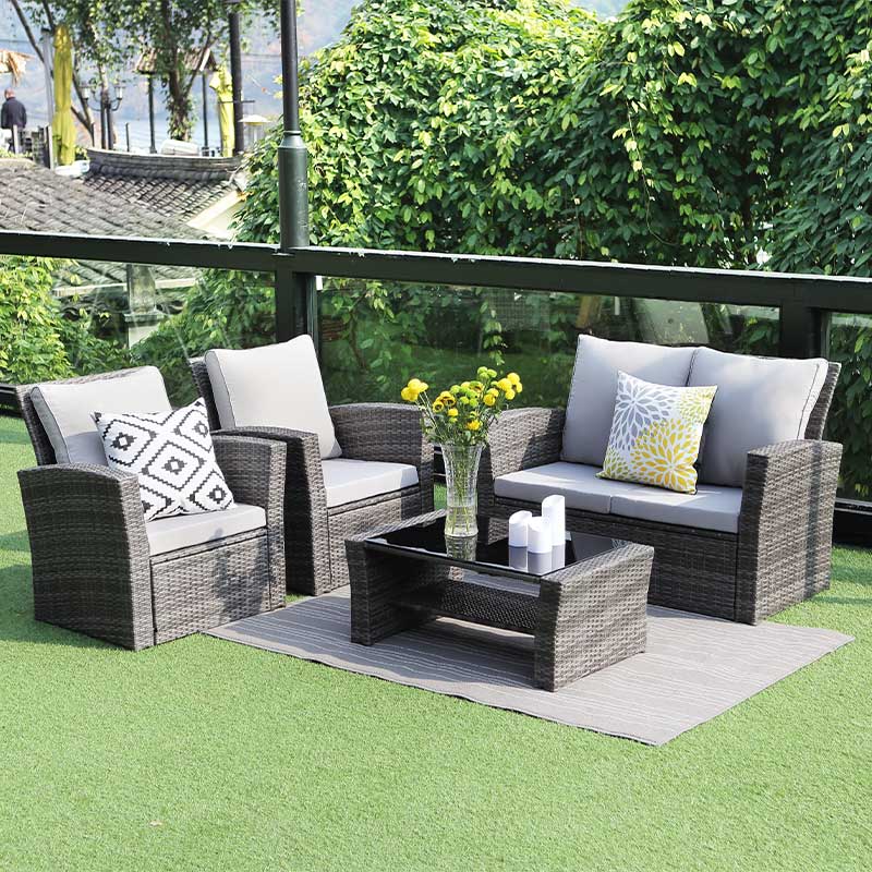 Kaixing 4 Pcs K/D Outdoor Patio Furniture Coversation Sets avec table basse en verre