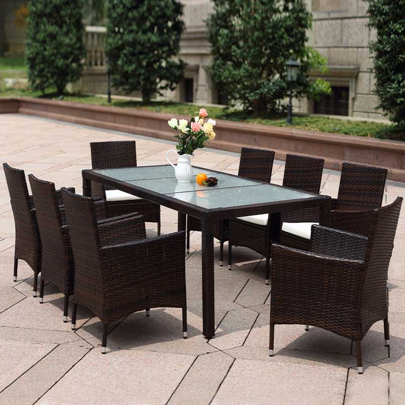 Garden K/D Long dining table ug 8 ka mga lingkuranan nga adunay 3 pcs black tempered glass furniture