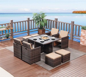 Kaixing HB21.9204 Design Rattan Outdoor 9 Pieces Sofa Chair and Table Ottoman Set for 8 Person Gathering