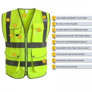 Safety 9 Pockets Class 2 Բարձր տեսանելիության կայծակաճարմանդ Առջևի անվտանգության բաճկոն՝ արտացոլող շերտերով