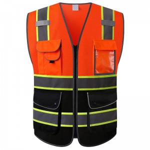 Nchekwa akpa 9 klaasị 2 High Visibility Zipper Front Safety Vest nwere ihe ntụgharị uche.