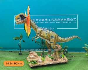 Dilophosaurus dinosaurio animatrónico longitud 4,5 m estatua de dinosaurio de tamaño natural fábrica de China AD-114