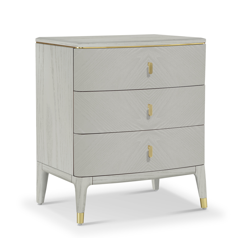 Modern Superior Three Drawers Nightstand High Grade Solid Wood Metal Decoration High Class Wood Furniture Manufacturer China Supplier