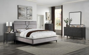 Модерен мек кожен тапациран висококвалитетен сив артикл за кревет за спална соба Производител на мебел од дрво од висока класа Кина добавувач