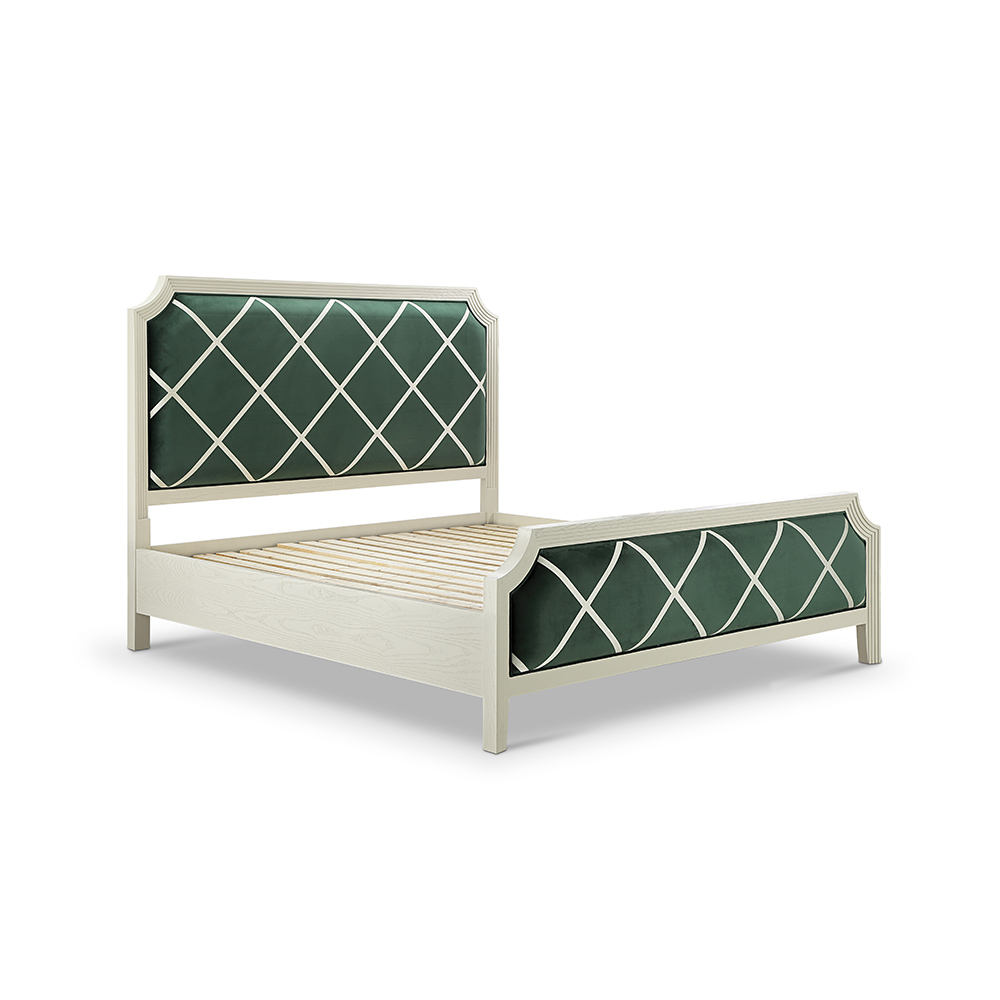 Modernt högkvalitativt tyg stoppat Kreativt grönt broderi Attraktiv design Vacker säng för sovrumsmöbler Högklassig trämöbler Tillverkare Kina leverantör