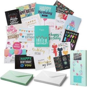 Paquete de 20 tarjetas de cumpleaños con sobres con interior en blanco.