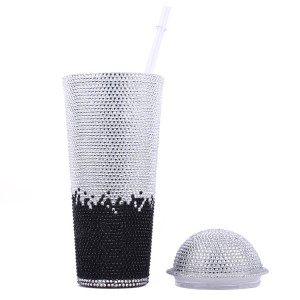24 អោន រូបសញ្ញាផ្ទាល់ខ្លួន Bling Beverage Double Wall PS Glitter Rhinestone Plastic Cup