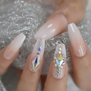 24pcs Crystal Luxury Fake Nails ជាមួយនឹងពណ៌ AB Rhinestones សម្រាប់ការតុបតែងក្រចក