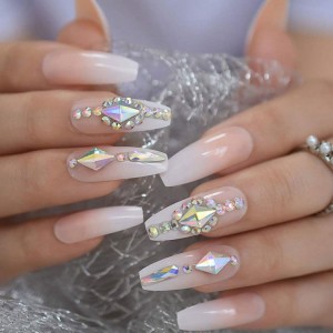 24pcs Crystal Luxury Fake Nails with AB color Rhinestones የጥፍር ማስጌጥ