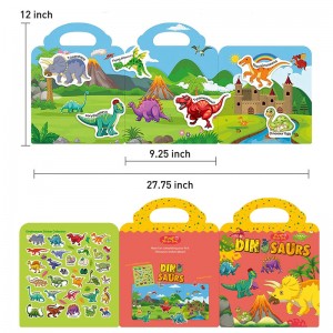 Livro de adesivos reutilizáveis ​​de dinossauro removível educativo para crianças
