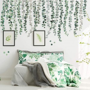 Yeşil Bitkiler Yaprakları Duvar Çıkartması Çıkarılabilir Suluboya Duvar Sanatı Dekoru