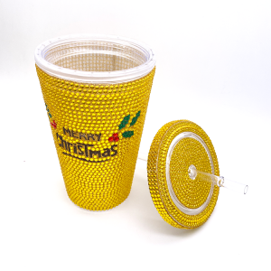 Luxusný bling zlatý glitrový pohárik dvojvrstvový kamienkový plastový pohár