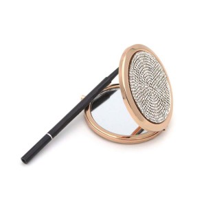 Luxuoso espelho de mão para maquiagem de strass com lente de aumento compacto para bolsa e bolso