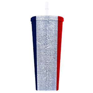 Custom Reusable Travel Cup Bling Acrylic Stone Double Wall Rhinestone Tumbler With Straw