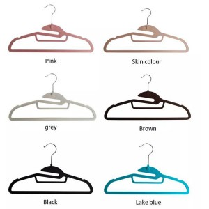 Premium Velvet Tie Hanger Héich Qualitéit Plastik Non-Slip Notched Flocking Suit Hanger Flocked Kleederhänger