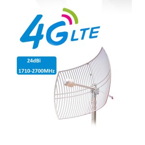 Umgangatho olungileyo weMultiband Antenna yangaphandle 4G Lte 2 * 24dbi 1700-2700MHz Umkhombandlela weMIMO Parabolic Grid Antenna