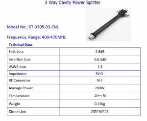 Pembagi Daya RF 400-470MHz UHF 2/3/4 Way Cavity Power Splitter kanthi Konektor N-female
