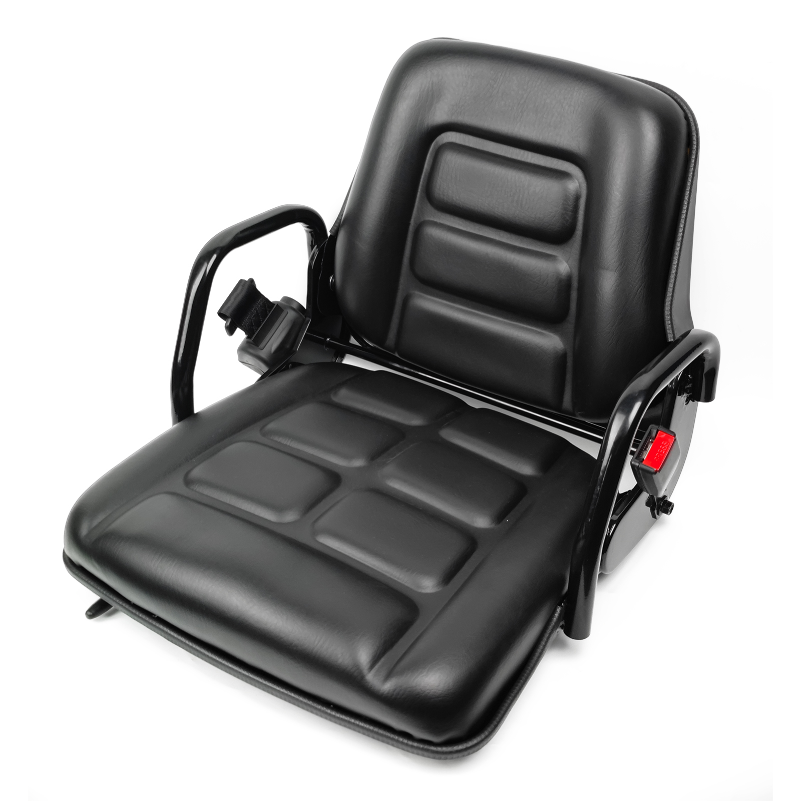 Forklift Seat with Integrated Steel Armrest Fold Down Backrest Fits Caterpillar Mitsubishi Doosan forklifts Featured Image