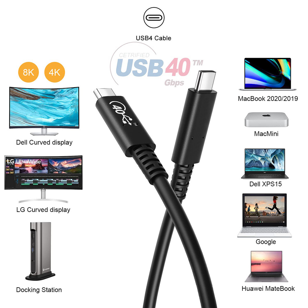 USB-IF sertificēts USB4 kabelis 2,6 FT