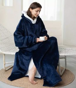 Cobertor longo macio e confortável azul escuro com mangas e bolsos