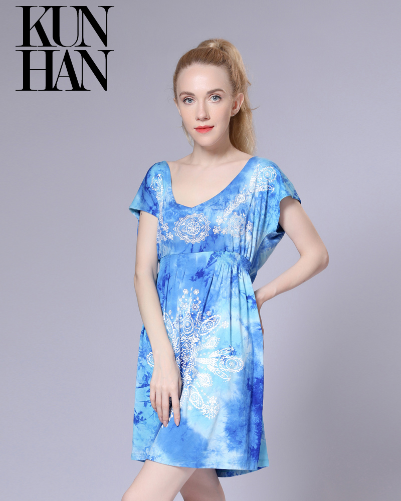 Lady Printed Tie Dye Backless Short Sleeve Comfort Dress Feature Gambar