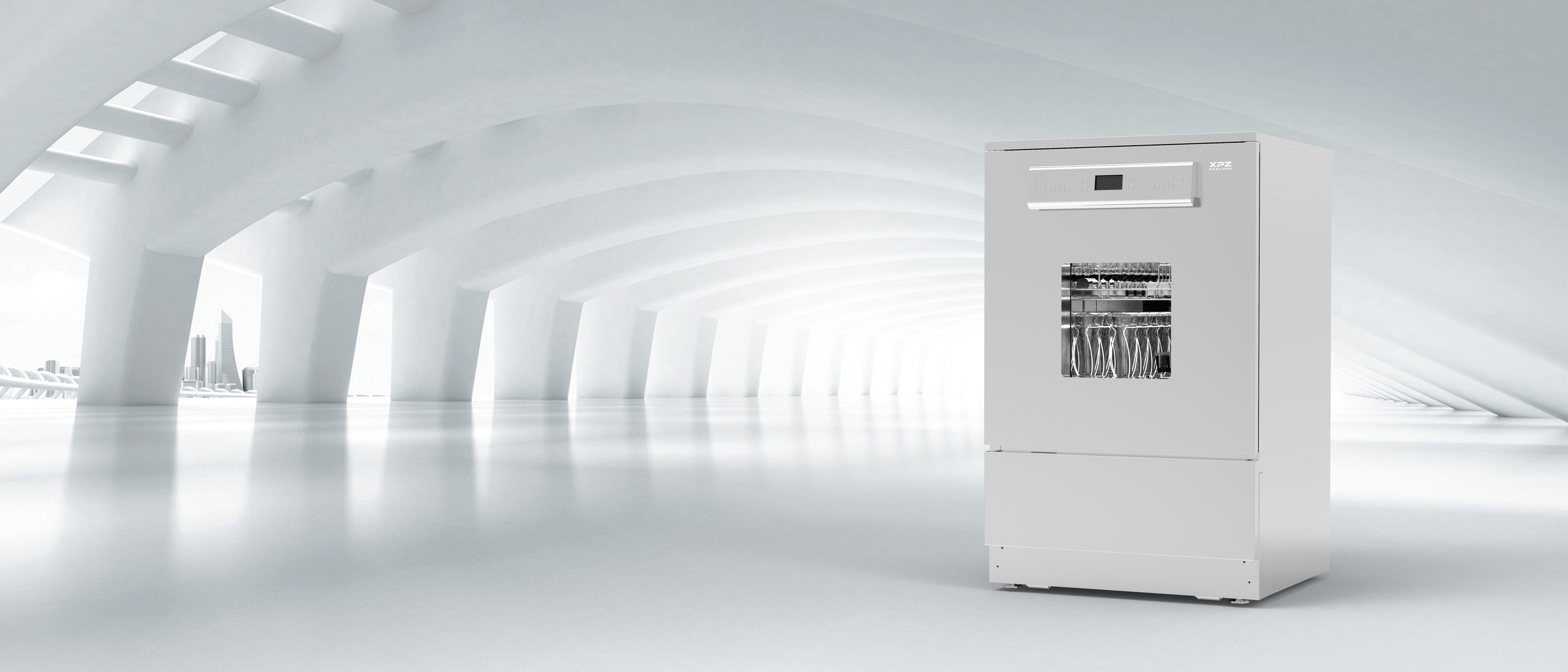 Mesin cuci gelas laboratorium otomatis sing disertifikasi CE kanthi identifikasi keranjang 0-600L/min frekuensi variabel sing bisa diatur Gambar Utama