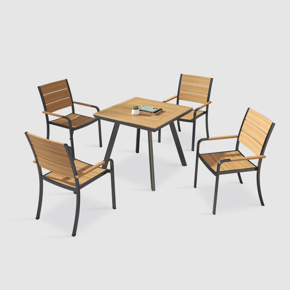 Set meja dan kursi luar ruangan furnitur kayu aluminium luar modern
