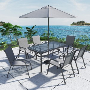Nový dizajnový lacný hliníkový záhradný set so 4 stoličkami a 1 reštauračným štvorcovým vonkajším stolom