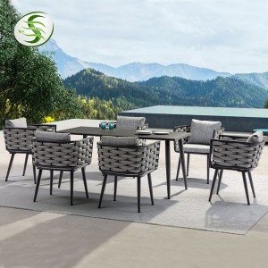 Cadeira de jantar moderna em tecido de corda para lazer ao ar livre com estrutura de alumínio