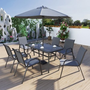 Új dizájn olcsó alumínium kerti szett 4 székkel és 1 étterem kockás kültéri asztallal