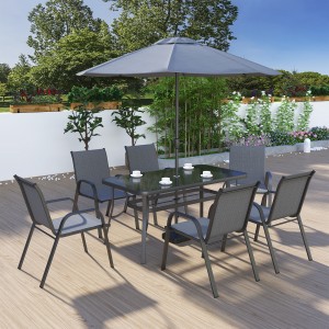 4 कुर्सियों और 1 रेस्तरां स्क्वार्मरबल आउटडोर टेबल के साथ नया डिजाइन सस्ता एल्यूमिनियम गार्डन सेट