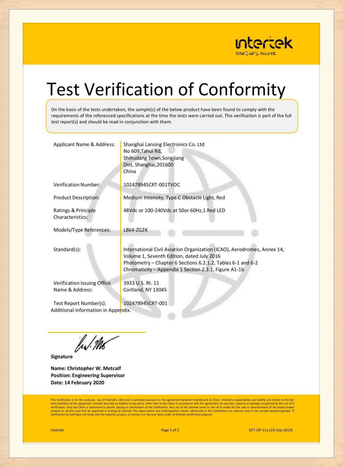 ZG2K ICAO Certificate