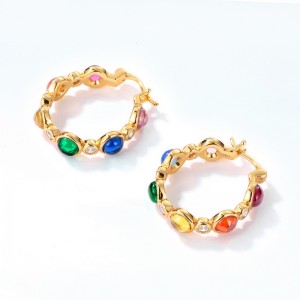925 Sterling Silver Hoop Earrings Colorful Rainbow Stone Huggie Earrings