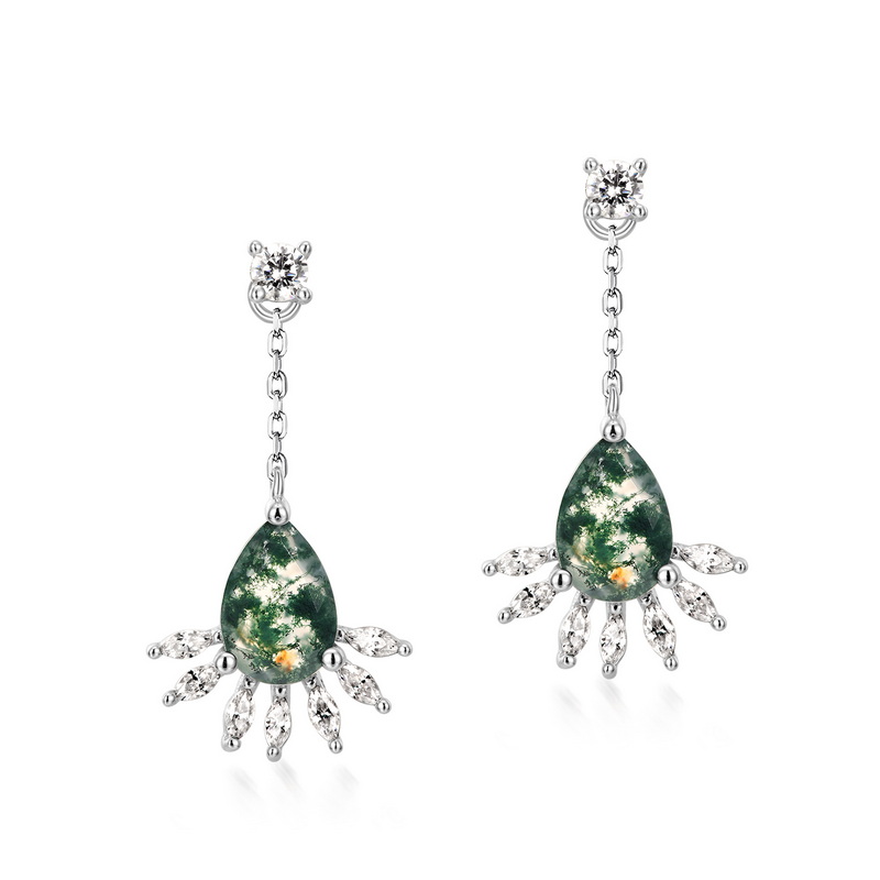 Fine Jewelry Sterling Silver Bling Zircon Drape Tassel Earrings Pear Shape Green Moss Agate Drop Earring For Women