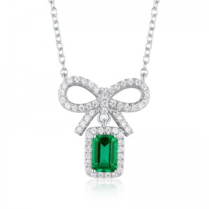 Fine Jewelry 925 Sterling Silver Green Gemstone Pendant Shniy 3A Zircon Bowknot And Lab Created Emeralds Pendant Necklace