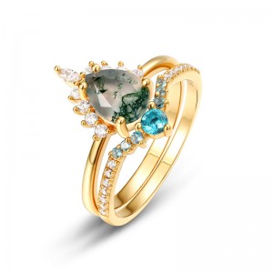 Fine Jewelry Vintage Genuine Gemstone 925 Sterling Silver Green Blue Nano Ring Pear Shaped Moss Agate Ring Set
